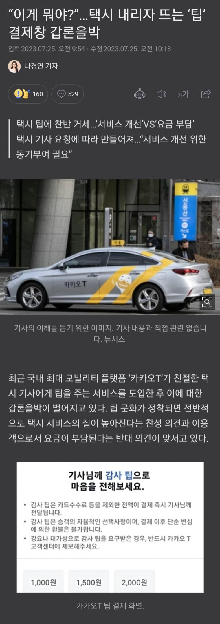 카카오 택시 팁 결제창 논란